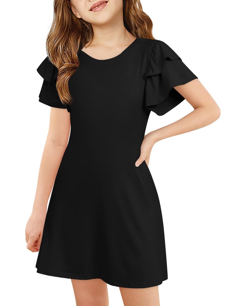 Haloumoning Girls Ruffle Sleeve Dresses Kids Summer Crewneck A Line Casual Dress 5-14 Years Black - Image 1