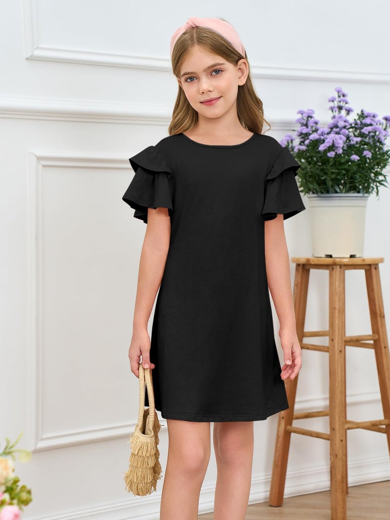 Haloumoning Girls Ruffle Sleeve Dresses Kids Summer Crewneck A Line Casual Dress 5-14 Years Black - Image 3