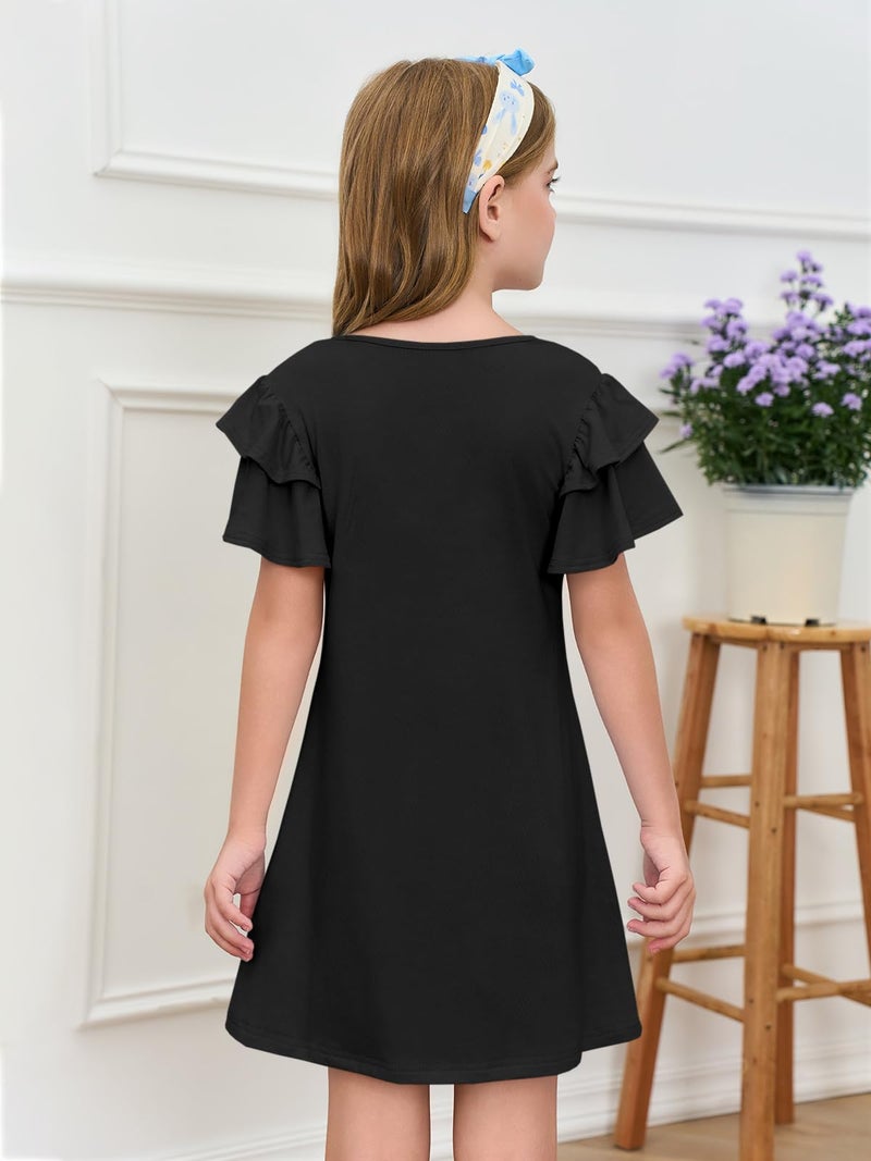 Haloumoning Girls Ruffle Sleeve Dresses Kids Summer Crewneck A Line Casual Dress 5-14 Years Black - Image 5