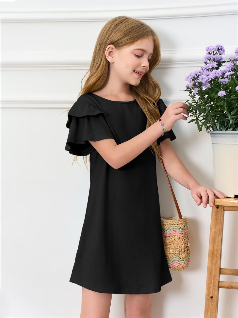 Haloumoning Girls Ruffle Sleeve Dresses Kids Summer Crewneck A Line Casual Dress 5-14 Years Black - Image 4