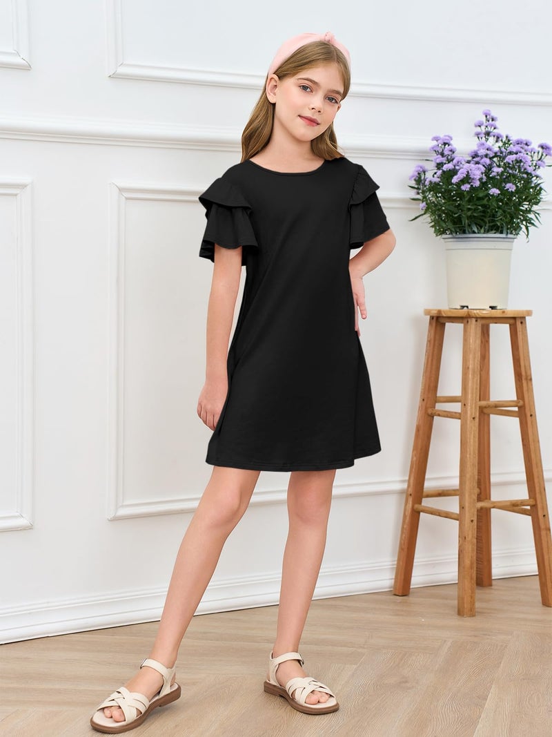 Haloumoning Girls Ruffle Sleeve Dresses Kids Summer Crewneck A Line Casual Dress 5-14 Years Black - Image 2
