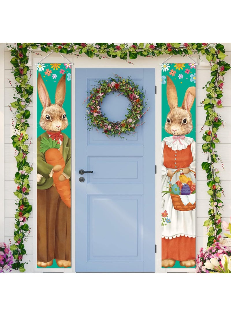 Moukeren Moukeren 2 Pieces Happy Easter Door Banner Sign Cute Bunny and Eggs Spring Porch Banner for Indoor Outdoor Wall Front Door Decor  - Image 1