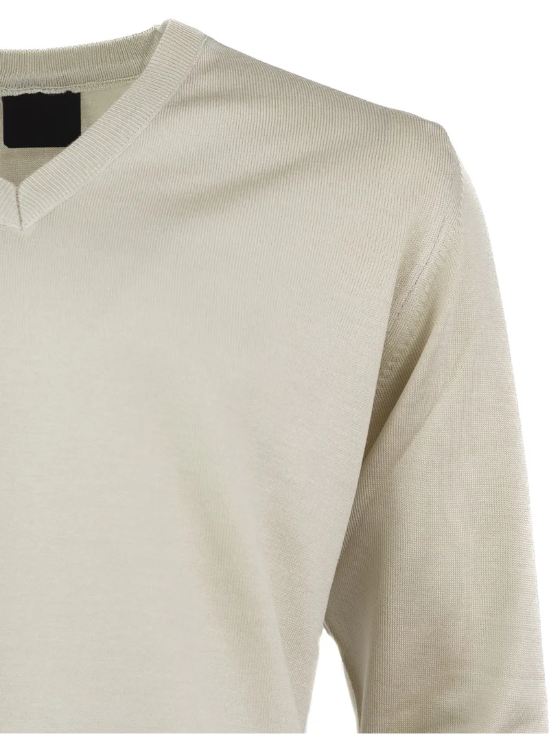 Oppland Men's Long Sleeve V-Neck Solid Color Classic Model Comfortable Cut Full Pattern Wool Woven Sweater