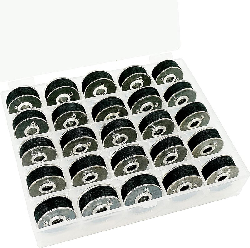 New brothread 25pcs Type L (SA155) Size Black Prewound Bobbin Thread Plastic Side for for Commercial & Home Embroidery and Sewing Machines - 90 Weight Cottonized Soft Feel Polyester Sewing Thread - Image 1