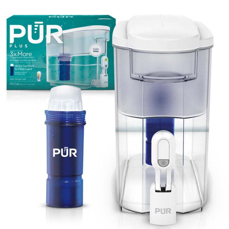 PUR PLUS 30-Cup Water Filter Dispenser with 1 Lead-Reducing PUR PLUS Filter, Dishwasher Safe, Powerful Filtration, Large Capacity with Slim, Space-Saving Design, White (DS1811Z) - Image 1