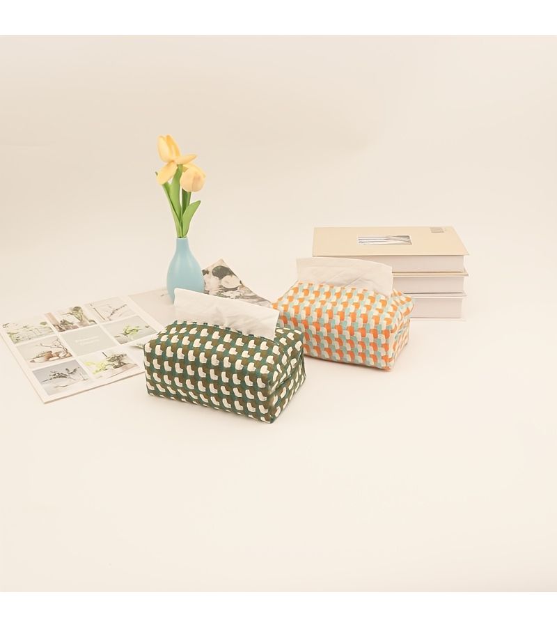 Orange White Woven Pattern Fabric Tissue Box Holder for Home Living Room Car Desktop - Image 4