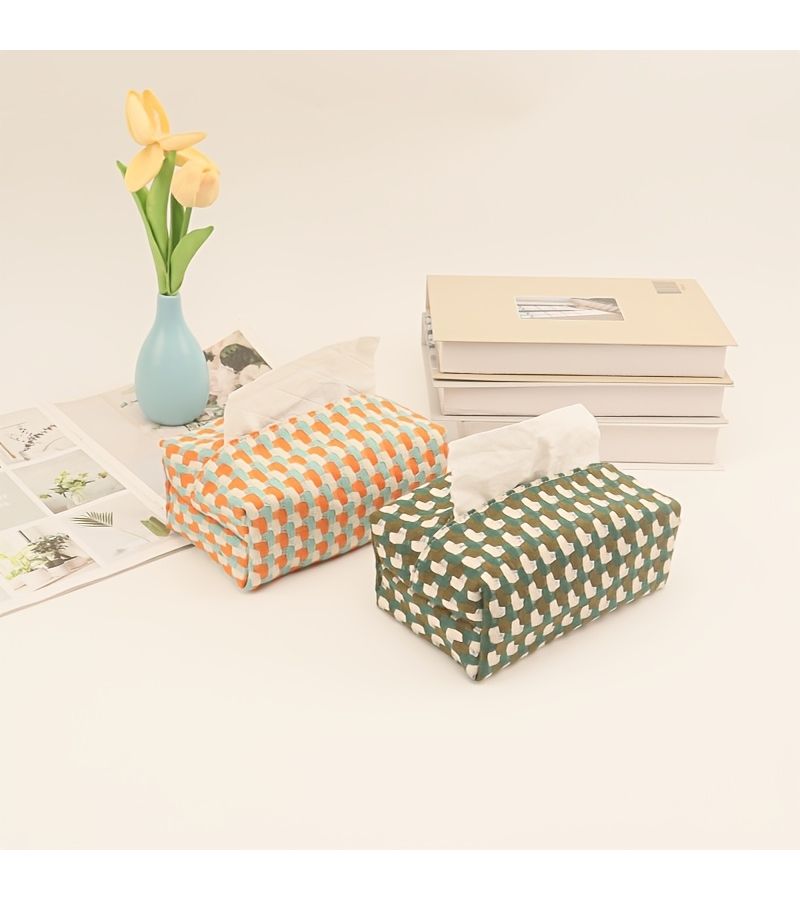 Orange White Woven Pattern Fabric Tissue Box Holder for Home Living Room Car Desktop - Image 1