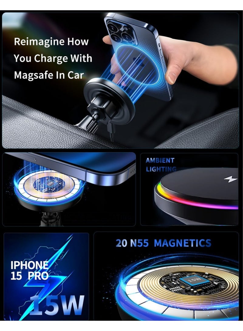 إكس ليفيل شاحن سيارة لاسلكي مغناطيسي، 3 في 1 [إضاءة LED RGB بدون استخدام اليدين] شاحن سيارة سريع الشحن بتقنية MagSafe لهواتف iPhone 16 Pro Max /15/14 Series، هدية للرجال والنساء، دوران 360 درجة، أسود. - Image 4
