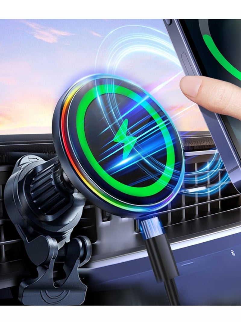 إكس ليفيل شاحن سيارة لاسلكي مغناطيسي، 3 في 1 [إضاءة LED RGB بدون استخدام اليدين] شاحن سيارة سريع الشحن بتقنية MagSafe لهواتف iPhone 16 Pro Max /15/14 Series، هدية للرجال والنساء، دوران 360 درجة، أسود. - Image 1