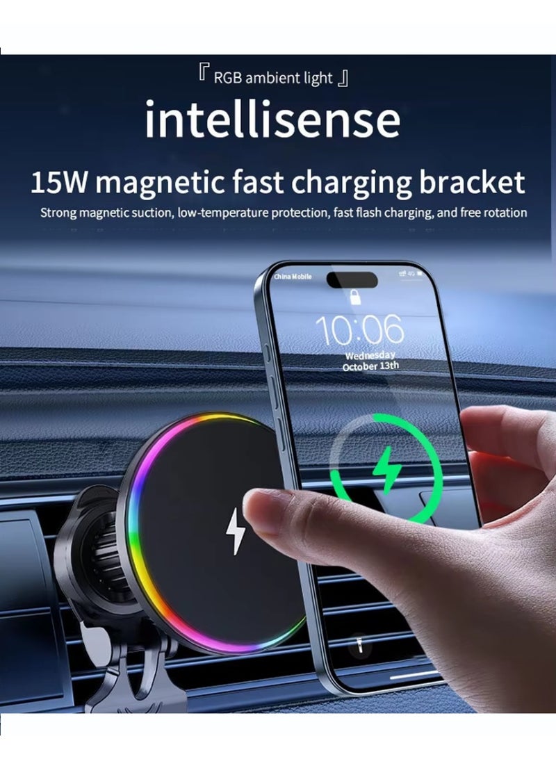 إكس ليفيل شاحن سيارة لاسلكي مغناطيسي، 3 في 1 [إضاءة LED RGB بدون استخدام اليدين] شاحن سيارة سريع الشحن بتقنية MagSafe لهواتف iPhone 16 Pro Max /15/14 Series، هدية للرجال والنساء، دوران 360 درجة، أسود. - Image 2