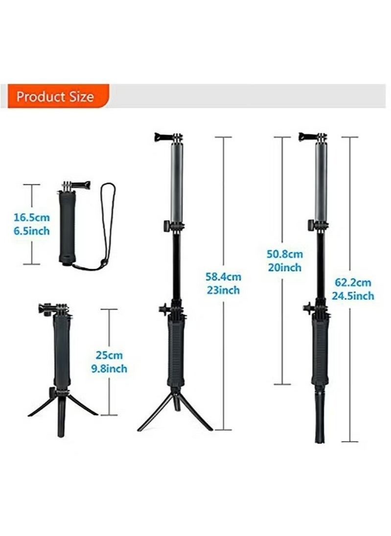 Generic - 3 Way Tripod for Go Pro Hero 10/9/8/7/6/5/4/3/2/1 Series and other Action Cameras, Detachable Extendable Selfie Stick Pole with Hand Grip Stand - Image 1