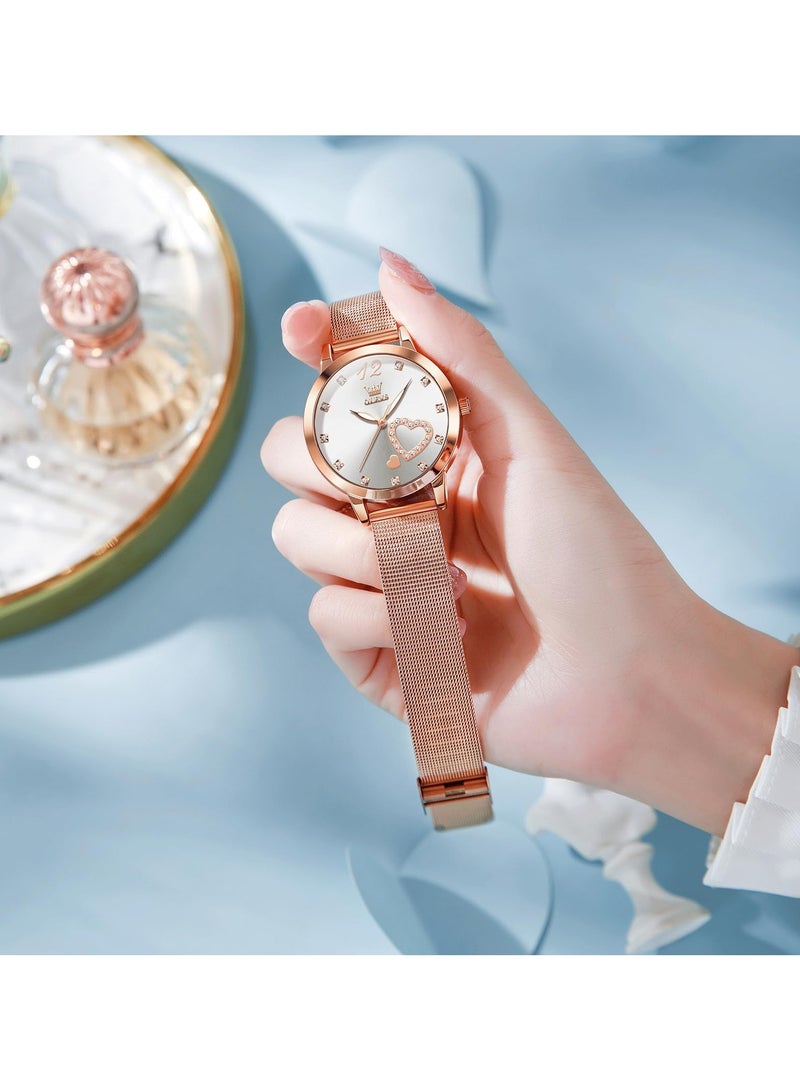 OLEVS Womens Watch Small Wrist Rose Gold Tone Cute Diamond Heart Arabic Numerals Dial Ladies Watch Fashion Waterproof Mesh Bracelet Analog Dress Watch for Women - Image 4