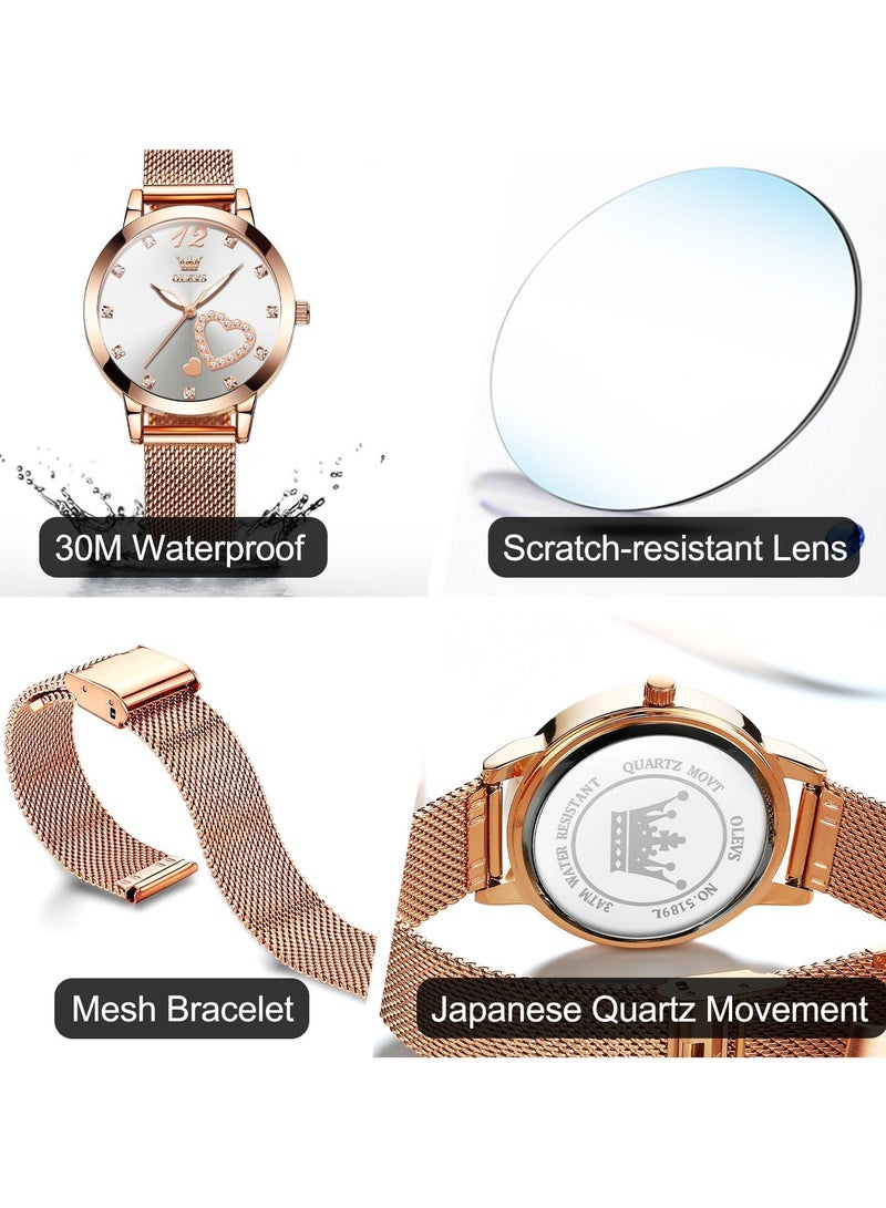 OLEVS Womens Watch Small Wrist Rose Gold Tone Cute Diamond Heart Arabic Numerals Dial Ladies Watch Fashion Waterproof Mesh Bracelet Analog Dress Watch for Women - Image 5