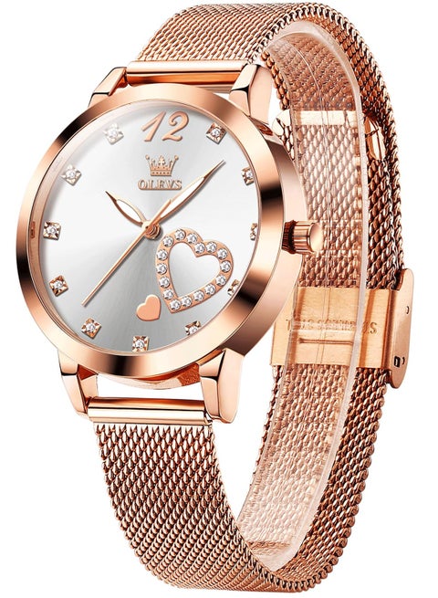 Womens Watch Small Wrist Rose Gold Tone Cute Diamond Heart Arabic Numerals Dial Ladies Watch Fashion Waterproof Mesh Bracelet Analog Dress Watch for Women