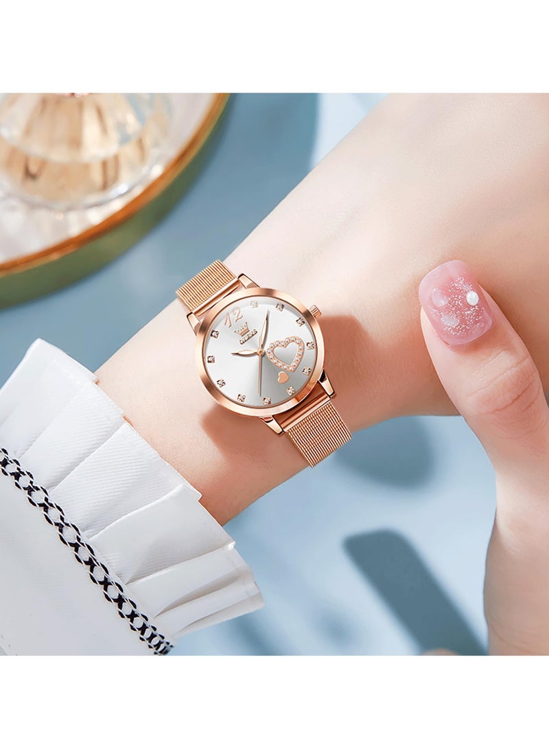 OLEVS Womens Watch Small Wrist Rose Gold Tone Cute Diamond Heart Arabic Numerals Dial Ladies Watch Fashion Waterproof Mesh Bracelet Analog Dress Watch for Women - Image 2