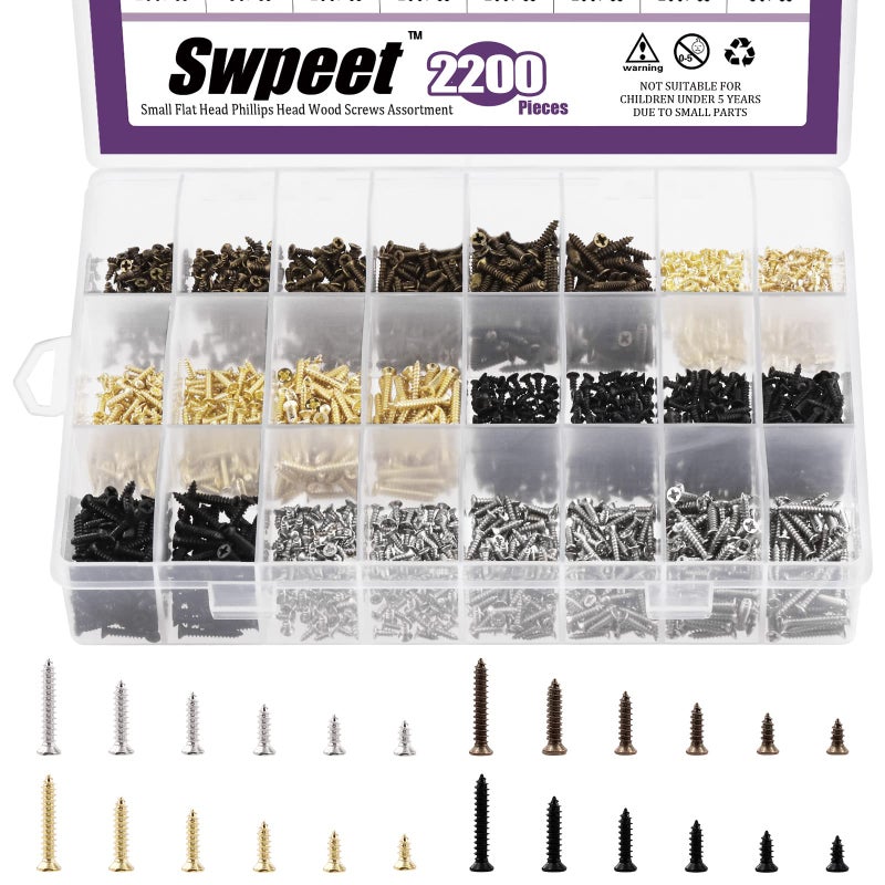 Swpeet 2200Pcs 4 Colors 5mm 6mm 8mm 10mm 12mm 16mm Wood Screws Assortment Kit Assorted Mini Wood Screws Flat Cross Head Screws Self Drilling Screws Drywall Scews Wood Screws Flat Head Screws - Image 2