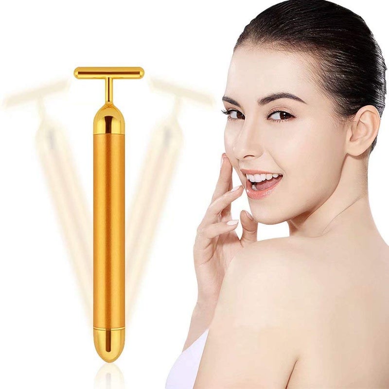 Beauty Bar 24k Gold Skin Care Face Massager Roller 2 in 1 Electric 3D Roller and T Shape Energy Beauty Bar for Face Lift and Skin Tightening