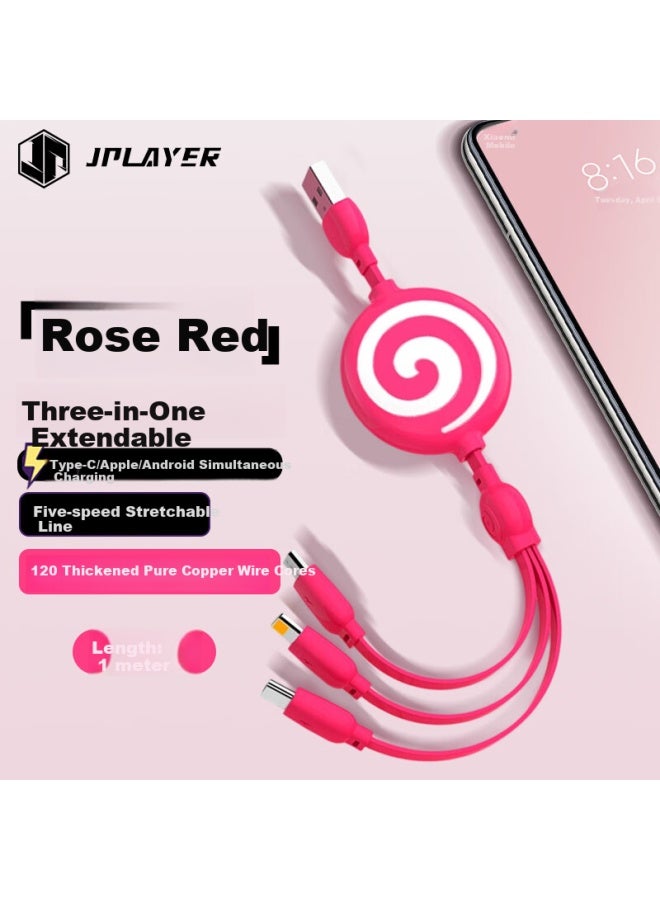 Jplayer In-1 Fast Charging Retractable Charging Cable 100w Pd 10w Phone Cable One Drag Three Usb Multi-function For Apple Android Huawei Xiaomi - Rose Red 1m - Image 1