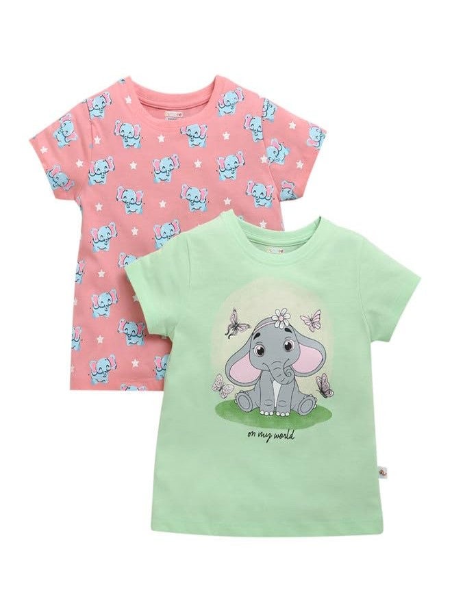 BUMZEE Girls Cotton Half Sleeves Regular Fit T-Shirt Pack of 2 Green & Pink - 18-24 Months (Peb10454E-grn) - Image 1
