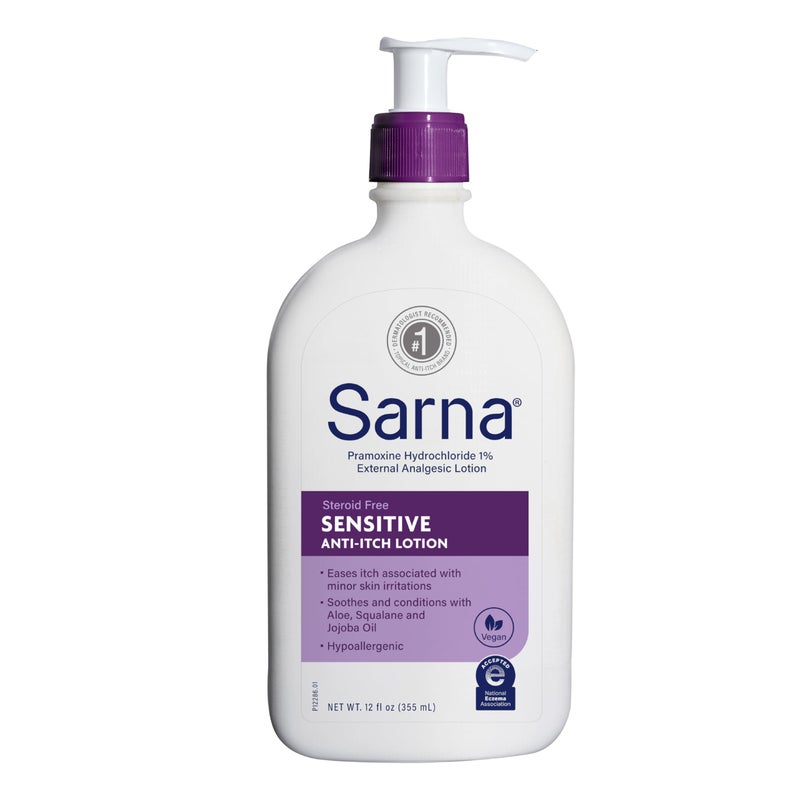 Sarna Sensitive Anti-Itch Lotion, Steroid-Free, Fragrance-Free, Vegan, Hypoallergenic, National Eczema Association Accepted, 1% Pramoxine Hydrochloride, 12 oz - Image 1