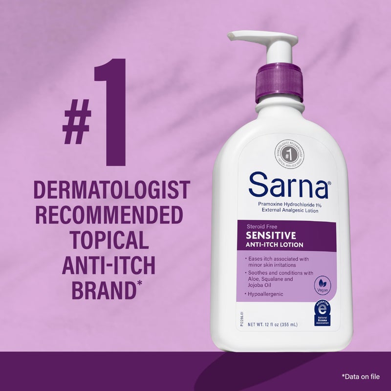 Sarna Sensitive Anti-Itch Lotion, Steroid-Free, Fragrance-Free, Vegan, Hypoallergenic, National Eczema Association Accepted, 1% Pramoxine Hydrochloride, 12 oz - Image 2
