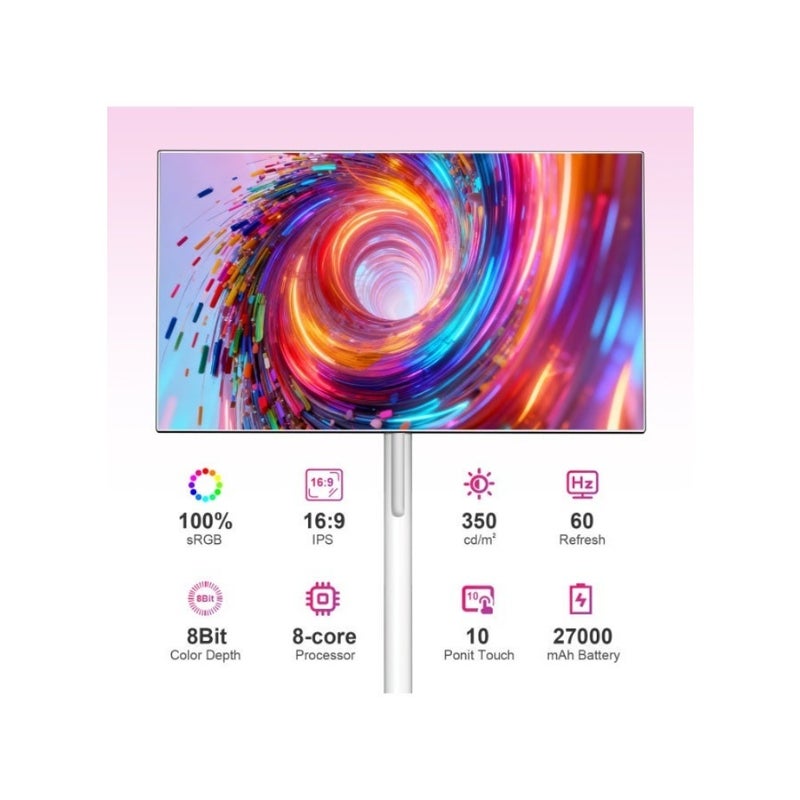 تلفزيون VLH 27 بوصة FHD يعمل باللمس، تلفزيون ذكي محمول على عجلات، 6G+128GB، بطارية 27000 مللي أمبير، نظام تشغيل Android 15، معتمد من EDLA، تلفزيون لوحي لاسلكي مع جهاز تحكم عن بعد صوتي، كاميرا مدمجة بدقة 13 ميجابكسل - Image 2