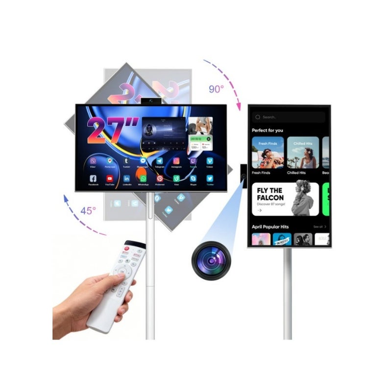 تلفزيون VLH 27 بوصة FHD يعمل باللمس، تلفزيون ذكي محمول على عجلات، 6G+128GB، بطارية 27000 مللي أمبير، نظام تشغيل Android 15، معتمد من EDLA، تلفزيون لوحي لاسلكي مع جهاز تحكم عن بعد صوتي، كاميرا مدمجة بدقة 13 ميجابكسل - Image 1