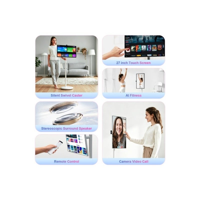 تلفزيون VLH 27 بوصة FHD يعمل باللمس، تلفزيون ذكي محمول على عجلات، 6G+128GB، بطارية 27000 مللي أمبير، نظام تشغيل Android 15، معتمد من EDLA، تلفزيون لوحي لاسلكي مع جهاز تحكم عن بعد صوتي، كاميرا مدمجة بدقة 13 ميجابكسل - Image 3
