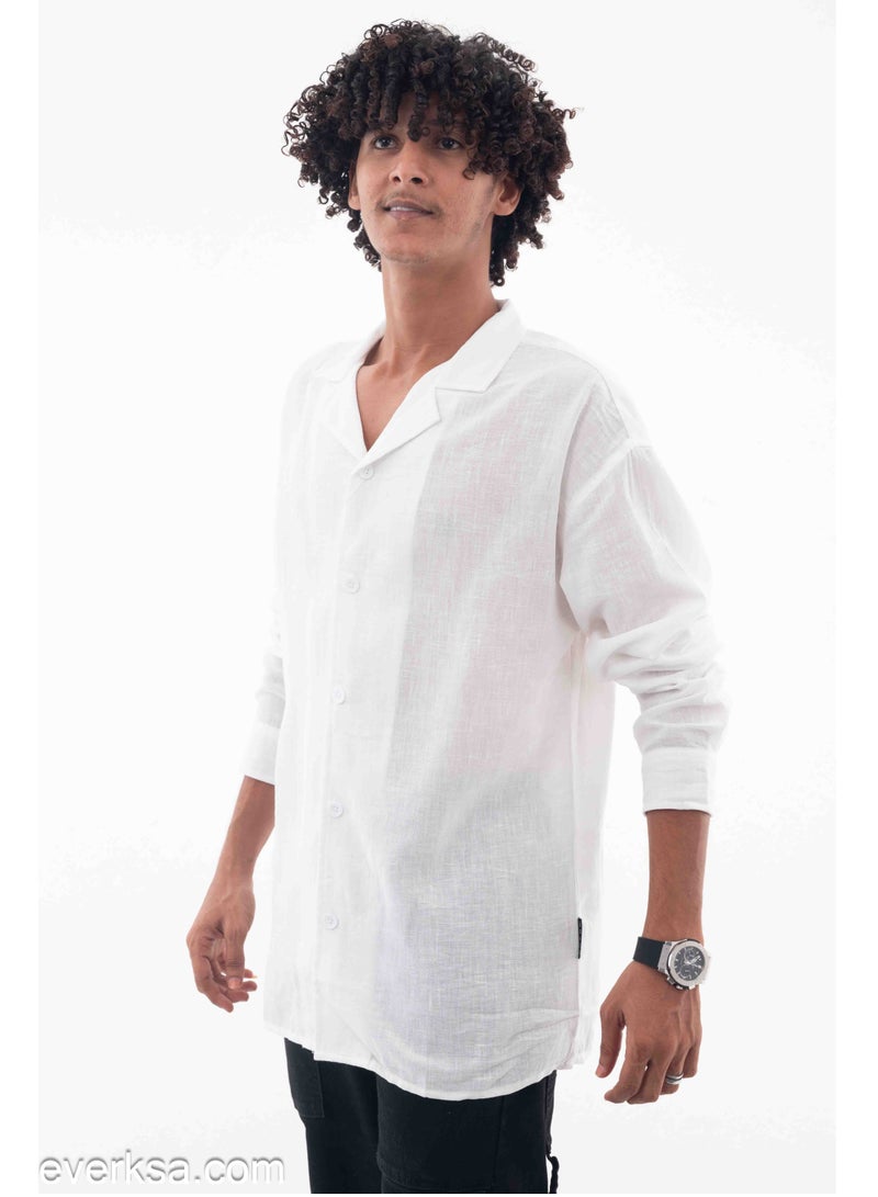 Everest Men's Plain Linen Long Sleeve White Shirt - Image 1