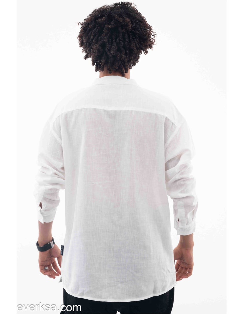 Everest Men's Plain Linen Long Sleeve White Shirt - Image 2