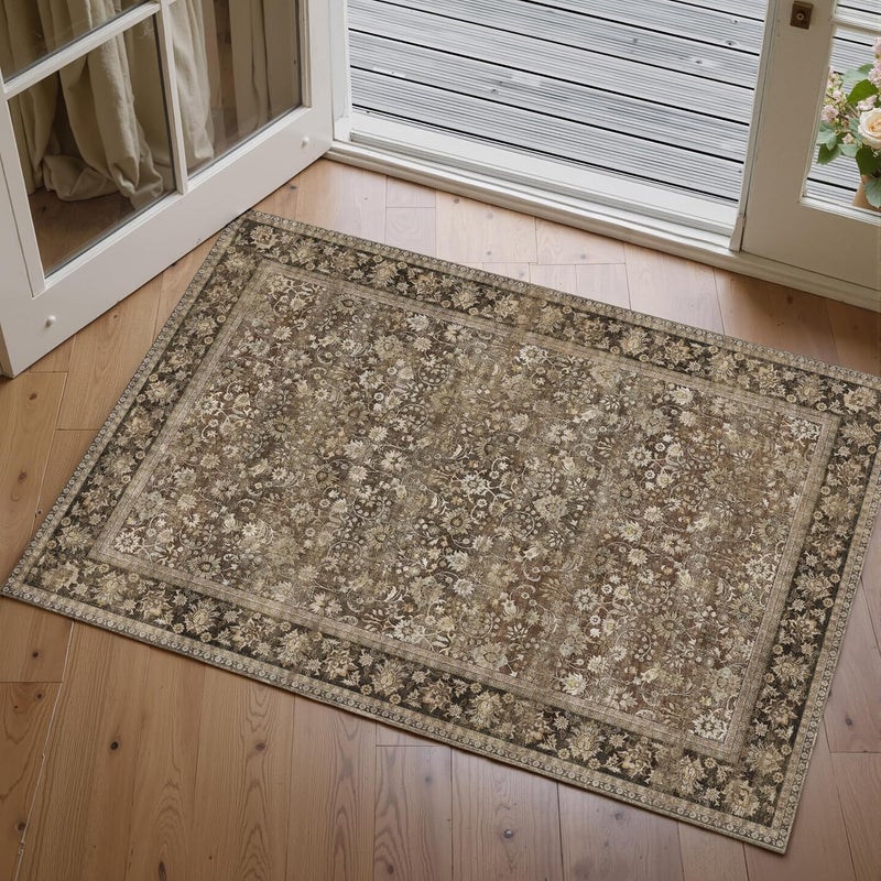 HUGEAR 2x3 Small Rug Machine Washable Area Rug Brown Entryway Rugs Entrance Door Mat Indoor Accent Rugs Floral Low Pile Carpet Distressed Throw Rug Kitchen Bedroom Office Non Slip - Image 3