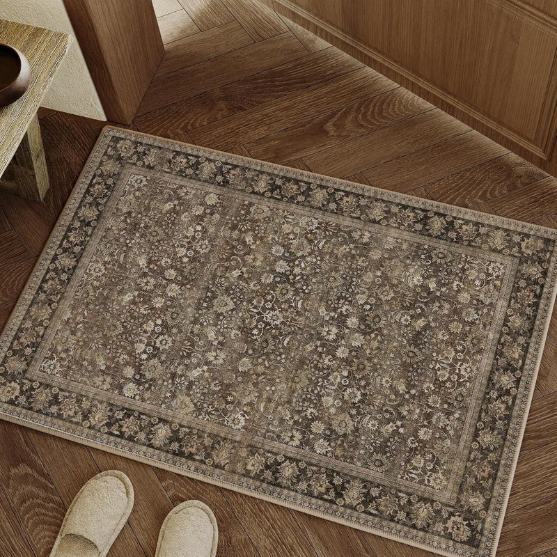 HUGEAR 2x3 Small Rug Machine Washable Area Rug Brown Entryway Rugs Entrance Door Mat Indoor Accent Rugs Floral Low Pile Carpet Distressed Throw Rug Kitchen Bedroom Office Non Slip - Image 1