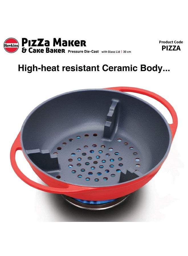Hawkins Diecast 30 cm Nonstick Pizza Maker and Cake Baker with Glass Lid, Gas Oven, Pizza Oven Toaster Griller Tandoor Barbecue, Cake Baking Pan, Red (PIZZA) - Image 4