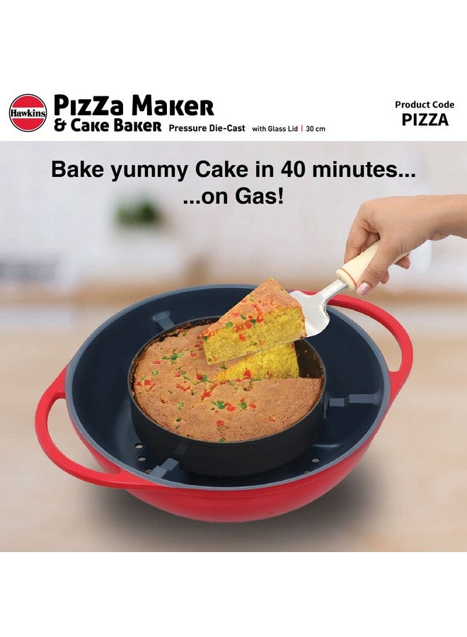 Hawkins Diecast 30 cm Nonstick Pizza Maker and Cake Baker with Glass Lid, Gas Oven, Pizza Oven Toaster Griller Tandoor Barbecue, Cake Baking Pan, Red (PIZZA) - Image 3