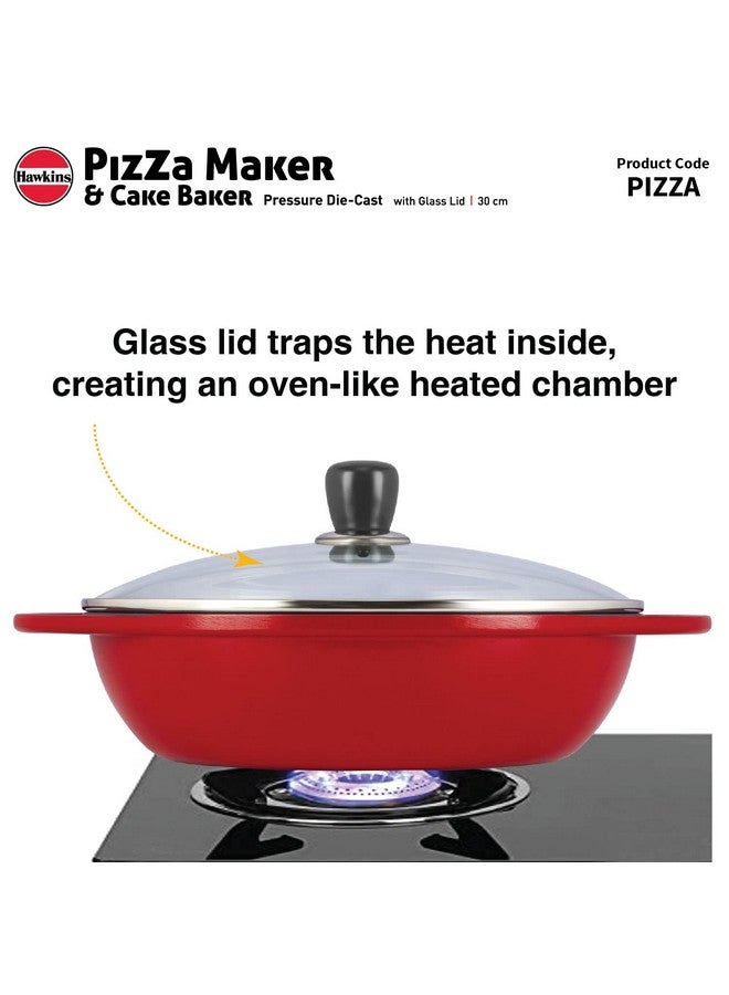 Hawkins Diecast 30 cm Nonstick Pizza Maker and Cake Baker with Glass Lid, Gas Oven, Pizza Oven Toaster Griller Tandoor Barbecue, Cake Baking Pan, Red (PIZZA) - Image 5