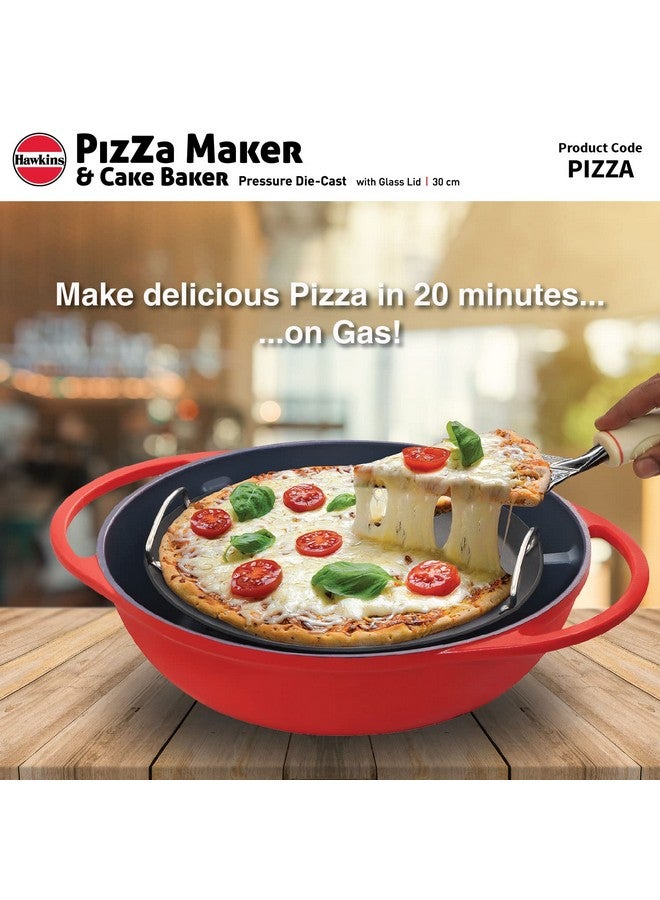 Hawkins Diecast 30 cm Nonstick Pizza Maker and Cake Baker with Glass Lid, Gas Oven, Pizza Oven Toaster Griller Tandoor Barbecue, Cake Baking Pan, Red (PIZZA) - Image 2