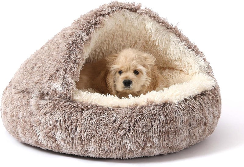 Dog Bed Round Hooded Plush Cat Cave Donut Anti Anxiety Fluffy Dog Bed for Small Medium Dog and Cat, Gradual brown - Image 1