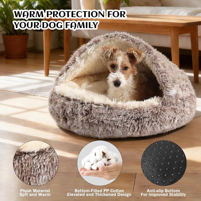 Dog Bed Round Hooded Plush Cat Cave Donut Anti Anxiety Fluffy Dog Bed for Small Medium Dog and Cat, Gradual brown - Image 2