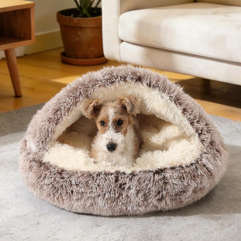 Dog Bed Round Hooded Plush Cat Cave Donut Anti Anxiety Fluffy Dog Bed for Small Medium Dog and Cat, Gradual brown - Image 5
