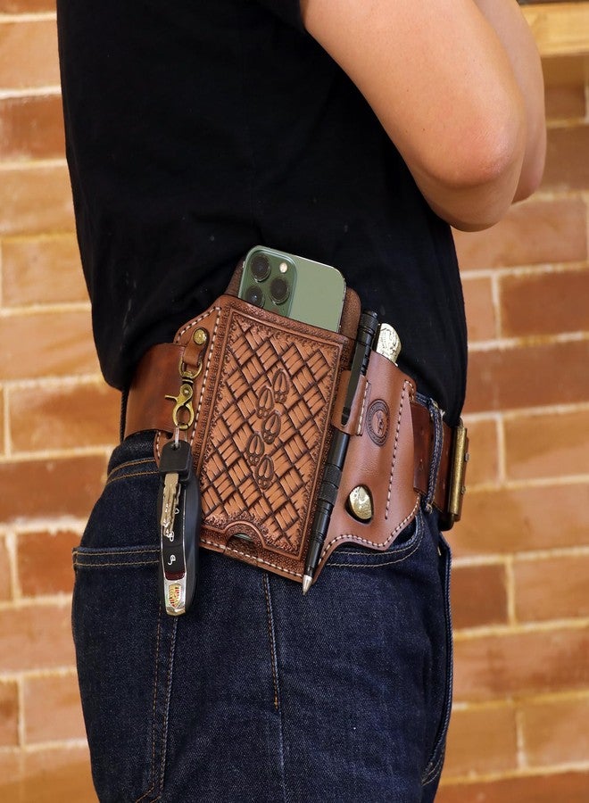 Tourbn Tourbon Leather Cell Phone Holster with Belt Loop Case Tool EDC Folding Knives Sheath Pencil Slot Holder Key Clip for Men, Brown - Image 2