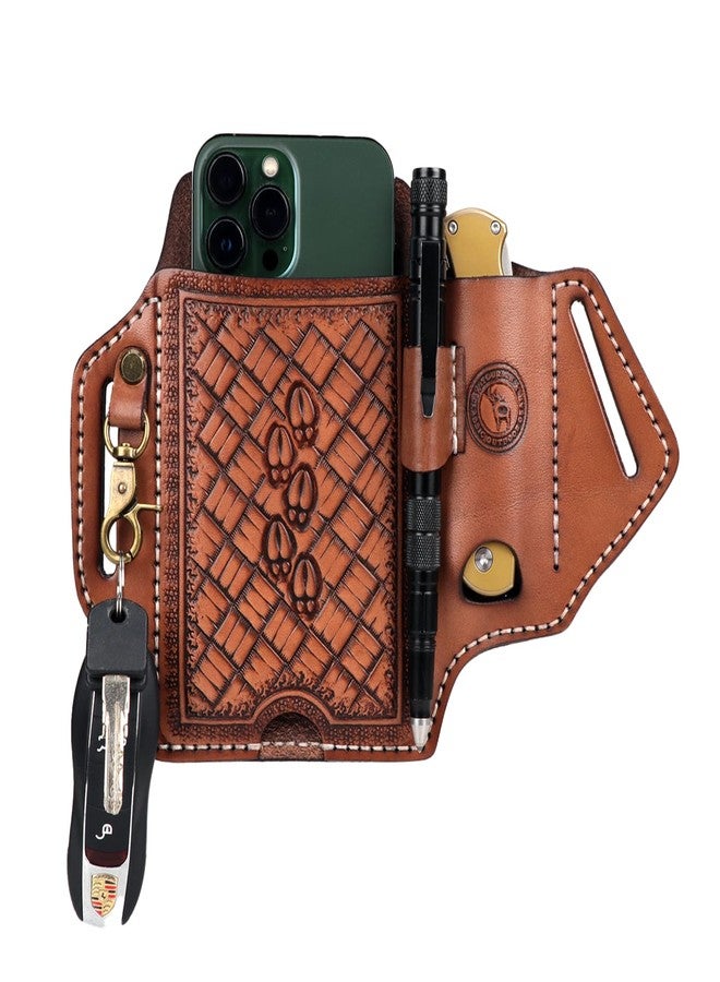 Tourbn Tourbon Leather Cell Phone Holster with Belt Loop Case Tool EDC Folding Knives Sheath Pencil Slot Holder Key Clip for Men, Brown - Image 1