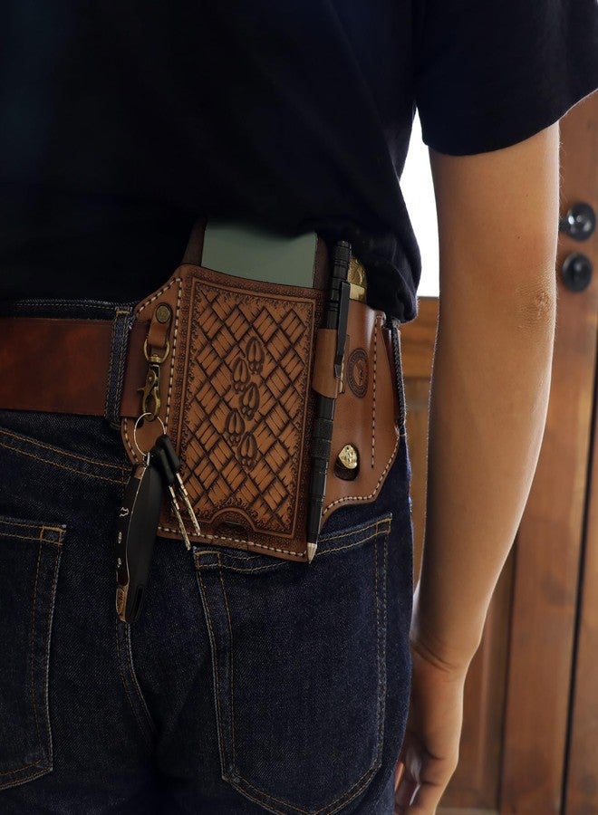 Tourbn Tourbon Leather Cell Phone Holster with Belt Loop Case Tool EDC Folding Knives Sheath Pencil Slot Holder Key Clip for Men, Brown - Image 3