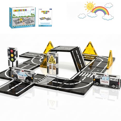 AFUNX Magnetic Tiles Road Expansion Set STEM Magnetic Building Blocks for Kids Ages 35 48 57 STEM Learning Toys Safe Durable Creative Construction Play Gift for Boys Girl - Image 1