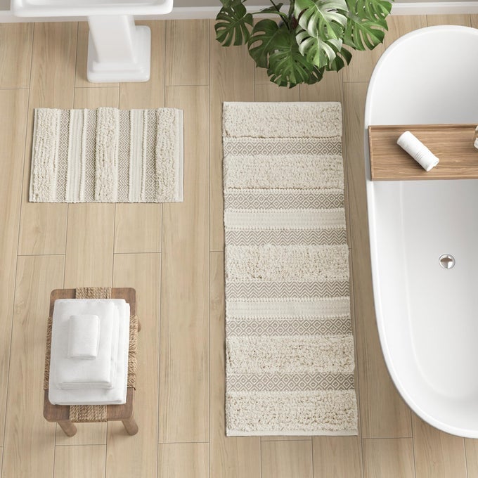 BATH RUG HANDWOVEN TEXTURE SHAGGY STRIPED SOFT WATER ABSORBENT BOHO BATHROOM DCOR BATHMATS NONSLIP ABSORBENT QUICK DRY MATS FOR TUB SHOWER ROOM ASHER 20X32 NATURAL