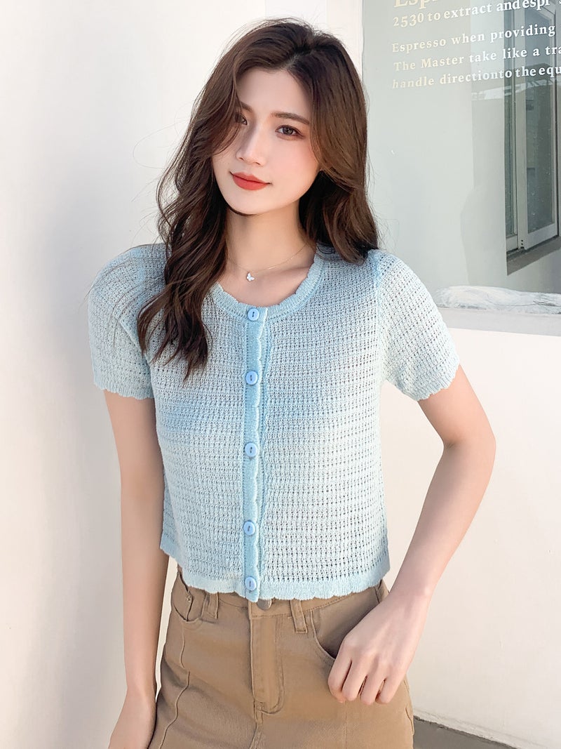 Summer All-match Hollow-out Knitwear Short Short-sleeved Sweet Cute Round Neck Small Cardigan Slim-fit Thin Top Women''s Thin - Image 5