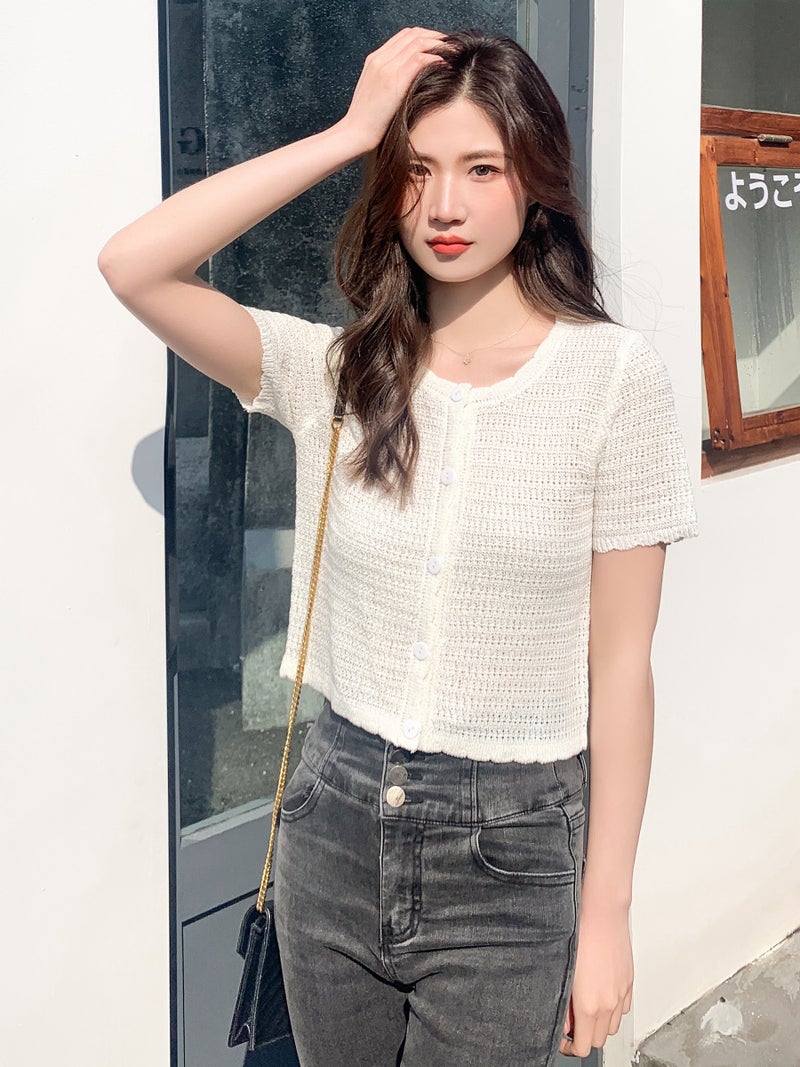 Summer All-match Hollow-out Knitwear Short Short-sleeved Sweet Cute Round Neck Small Cardigan Slim-fit Thin Top Women''s Thin - Image 3