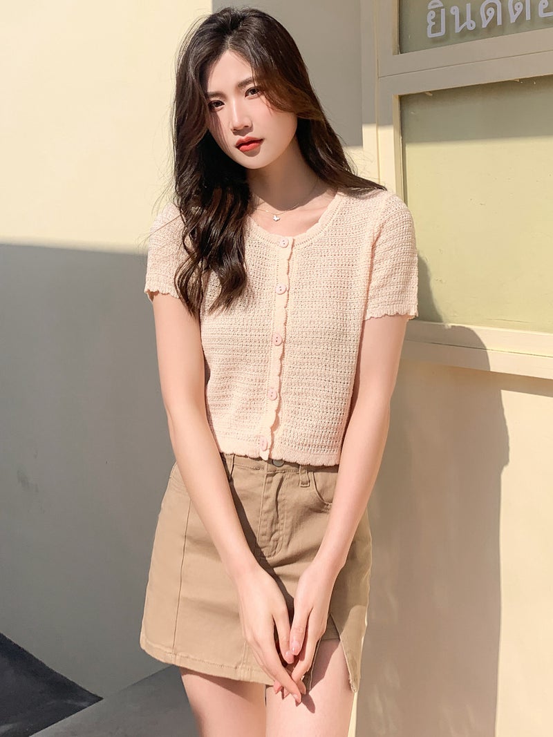 Summer All-match Hollow-out Knitwear Short Short-sleeved Sweet Cute Round Neck Small Cardigan Slim-fit Thin Top Women''s Thin - Image 2
