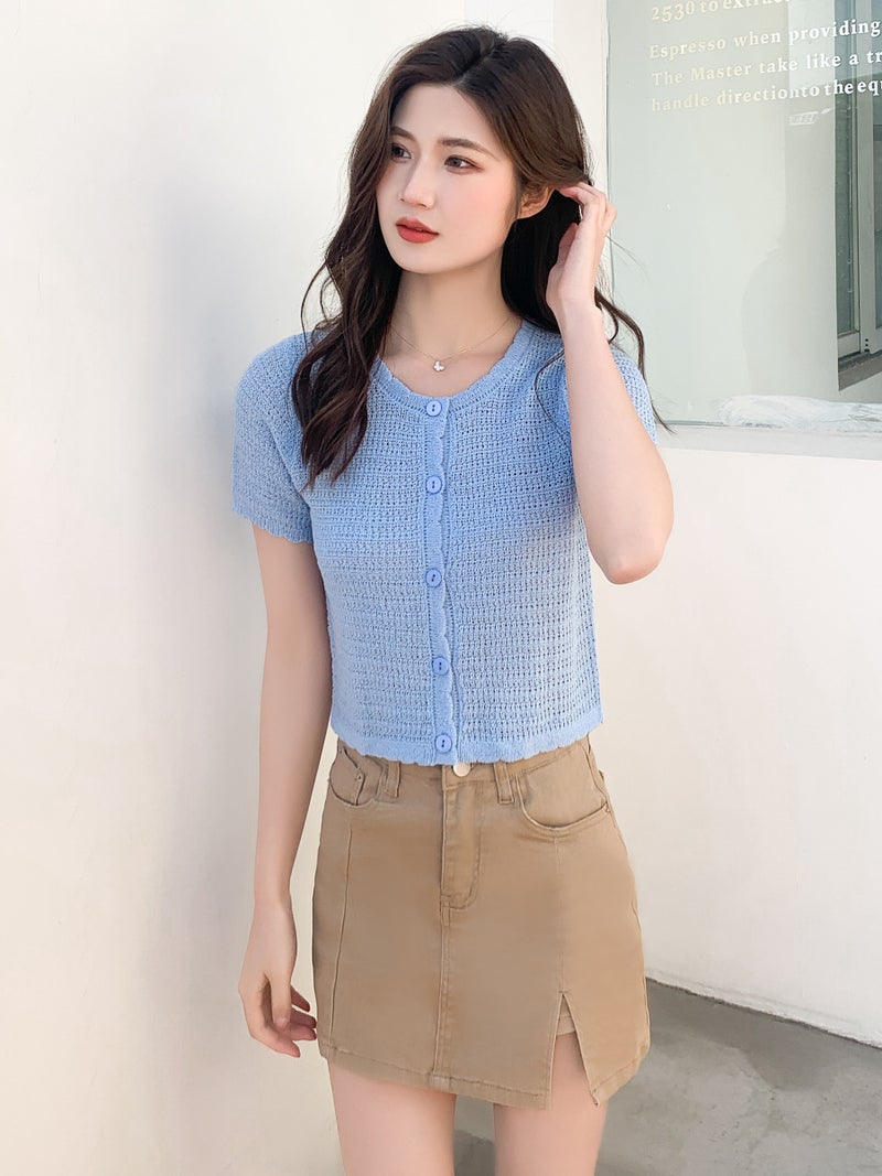 Summer All-match Hollow-out Knitwear Short Short-sleeved Sweet Cute Round Neck Small Cardigan Slim-fit Thin Top Women''s Thin - Image 4