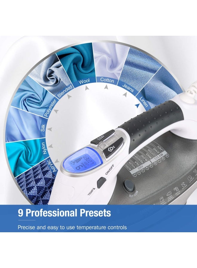 Beautural مكواة بخار ودرجة حرارة متغيرة مع شاشة LCD وقاعدة مطلية بالسيراميك وسلك طاقة بطول 6.2 قدم وخزان سعة 340 مل - أبيض رمادي 1800 وات - Image 2