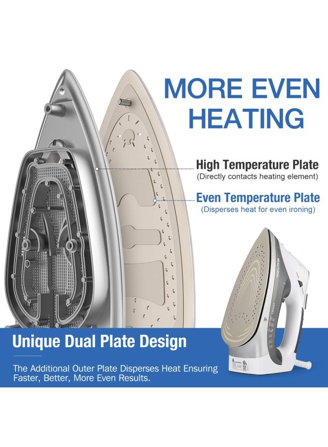 Beautural مكواة بخار ودرجة حرارة متغيرة مع شاشة LCD وقاعدة مطلية بالسيراميك وسلك طاقة بطول 6.2 قدم وخزان سعة 340 مل - أبيض رمادي 1800 وات - Image 3
